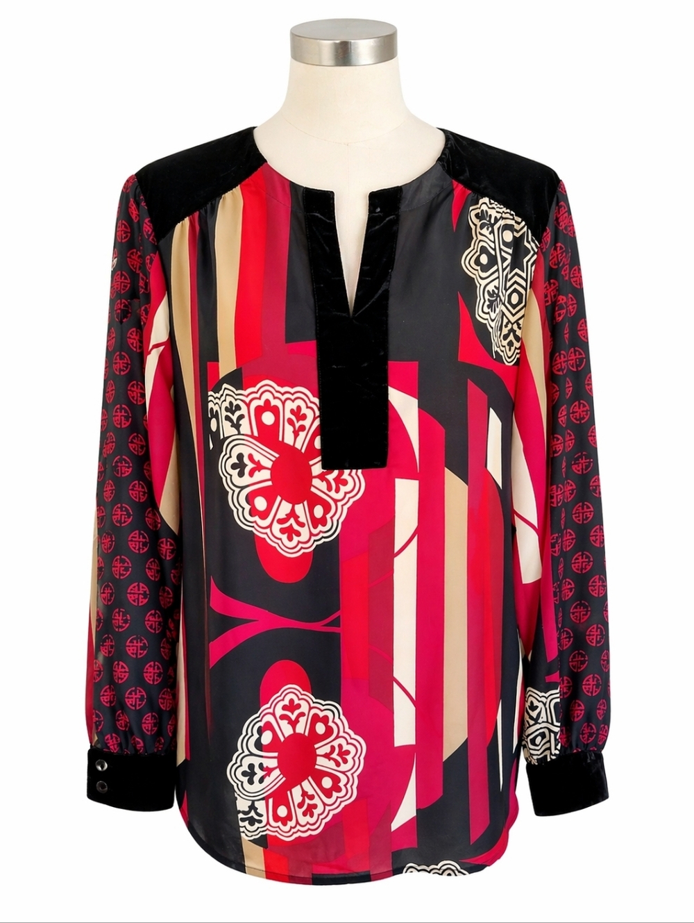 Chico's Colorful Asian Print Velvet Trim Popover V-Neck Top Sz 3 (XL) Career